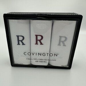 Men’s Set of 3 Covington Cotton Handkerchiefs Monogram R, Valet Box, White, NWOT